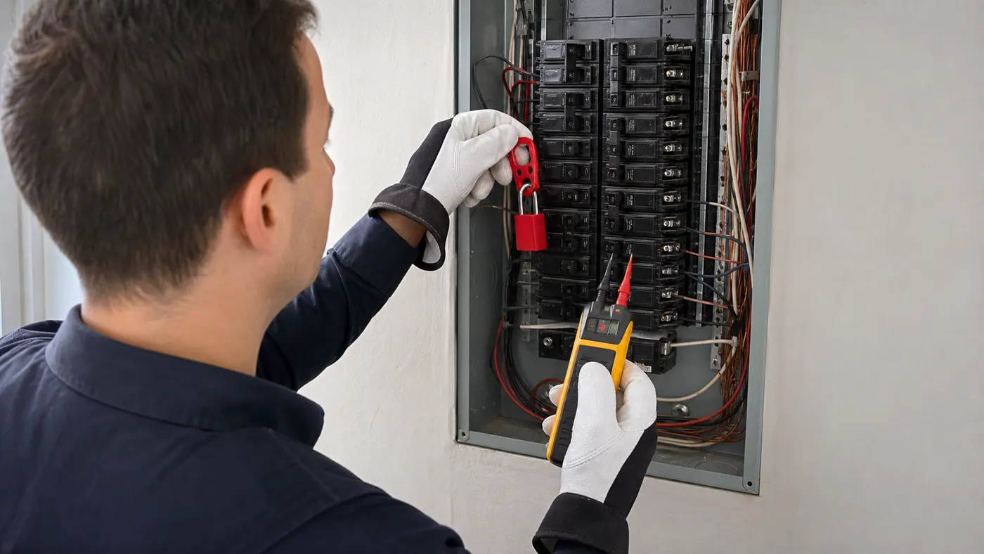 Khóa aptomat và thử mất điện trước khi làm