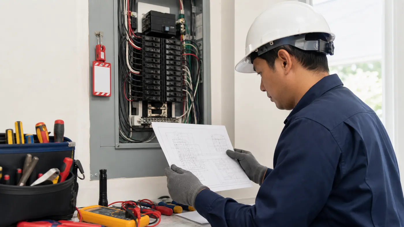 thợ điện đọc sơ đồ và cô lập nguồn