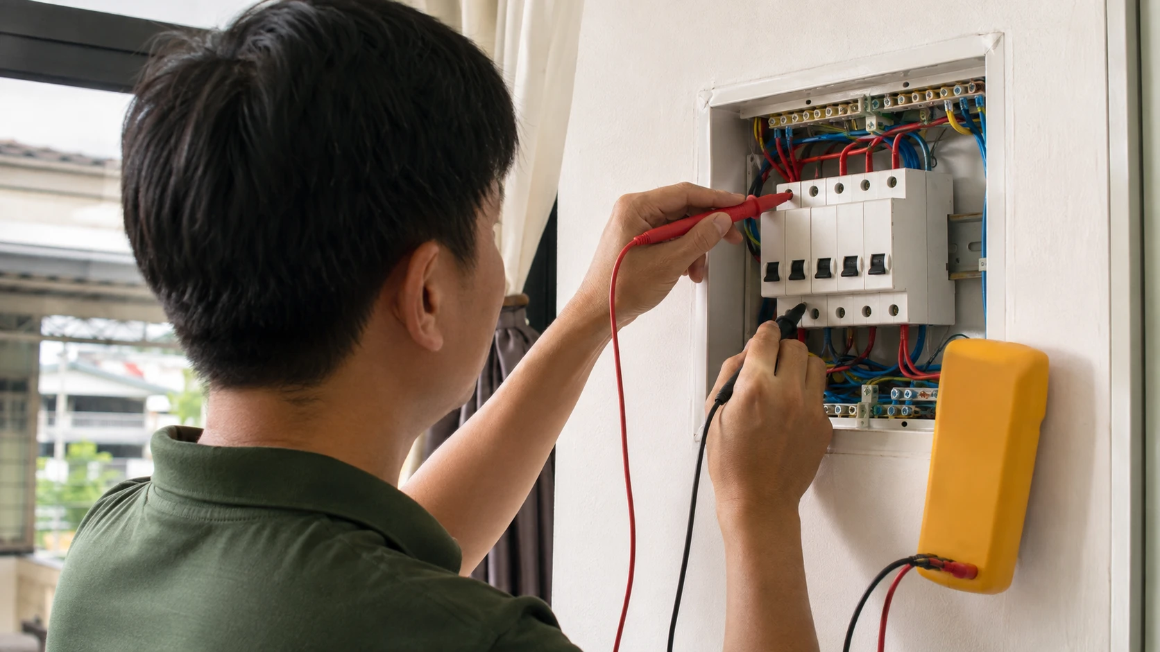 Thợ điện dùng đồng hồ vạn năng kiểm tra rò rỉ điện chập điện