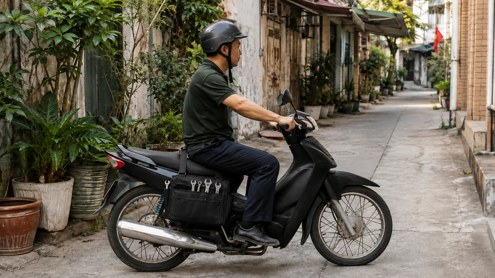 Thợ sửa điện nước tại Long Biên đi xe máy vào ngõ nhỏ