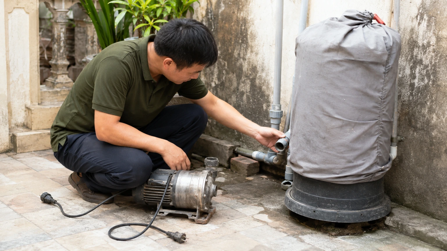 Thợ kiểm tra máy bơm cạnh bể lọc tại nhà ở Thanh Trì