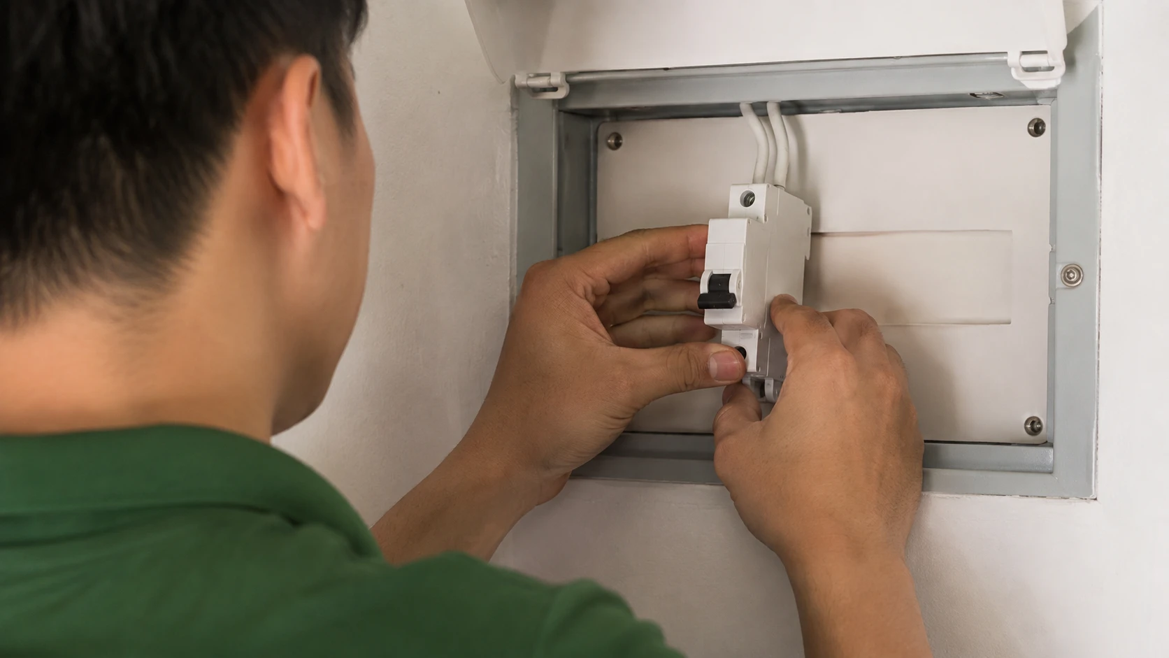 Thợ lắp aptomat chống giật cho bình nóng lạnh