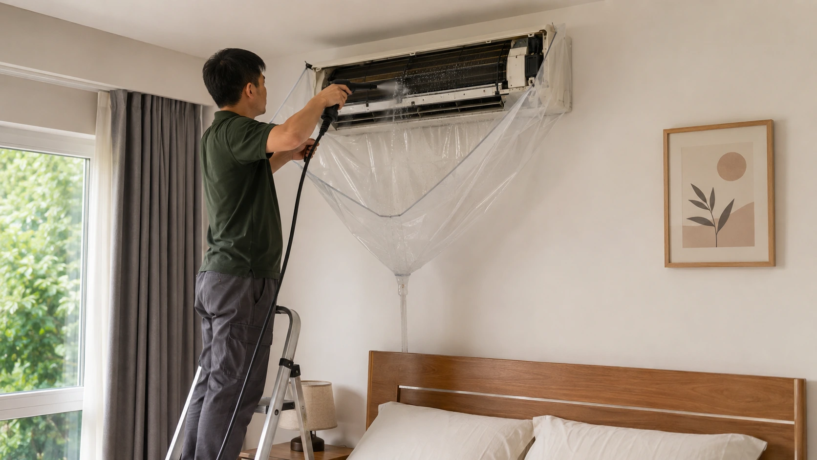 Thợ sửa điều hoà tại nhà Hà Nội đang vệ sinh và nạp gas