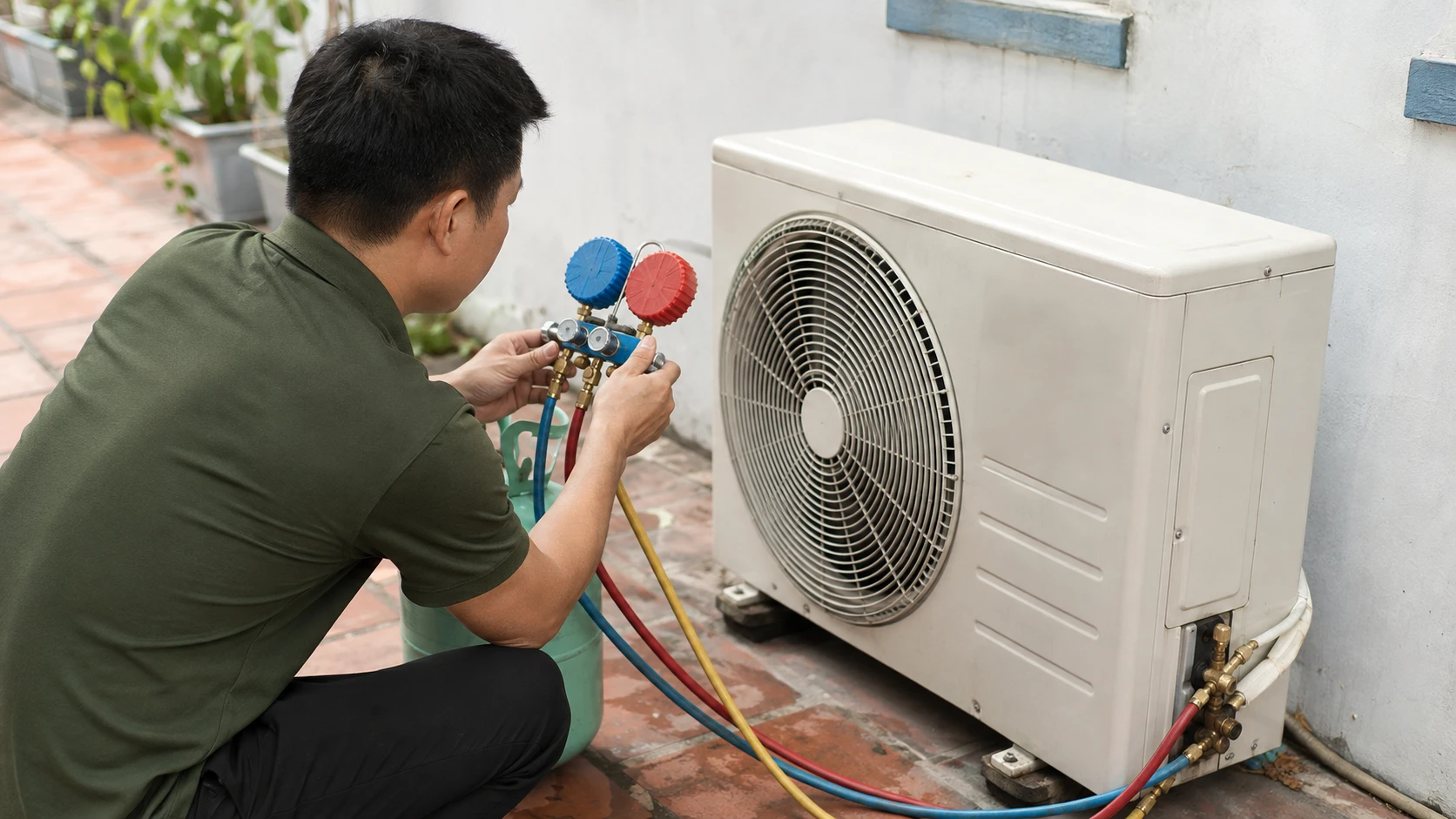 Thợ nạp gas điều hoà kiểm tra áp suất đồng hồ