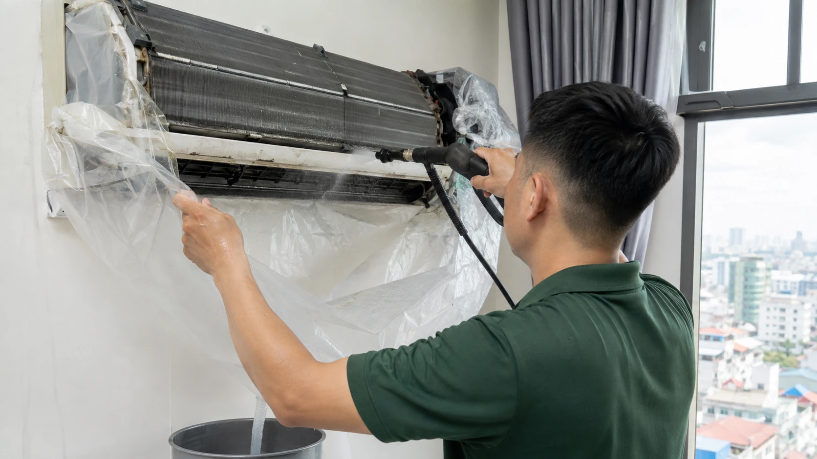 Thợ vệ sinh điều hoà tại nhà bằng máy xịt áp lực