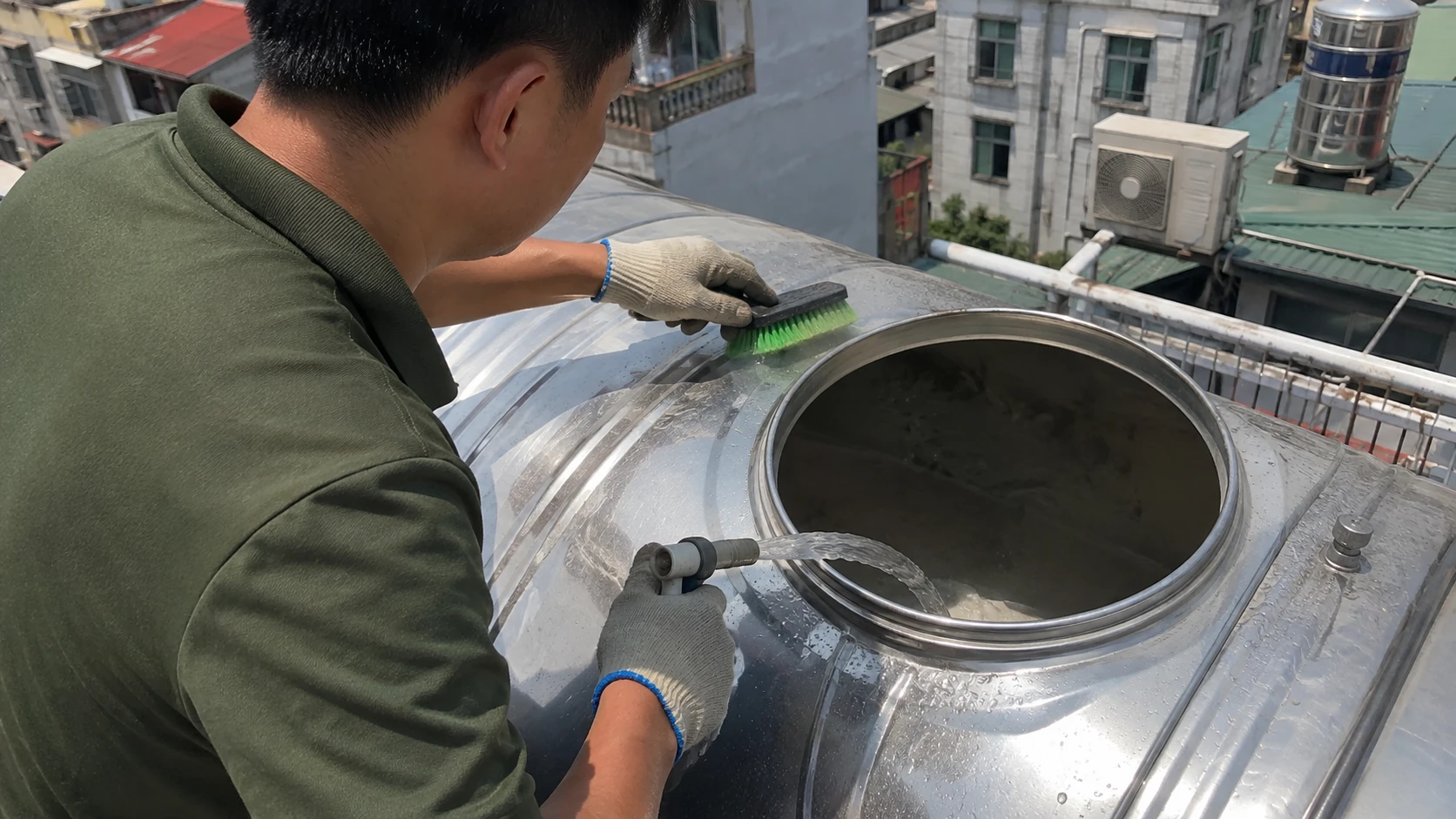 Thợ thau rửa bể nước ngầm và bể mái inox