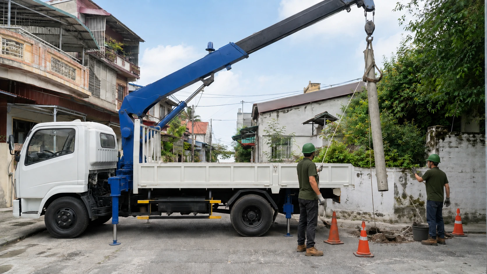 Xe cẩu thi công nhổ cột điện cũ để di dời sang vị trí mới